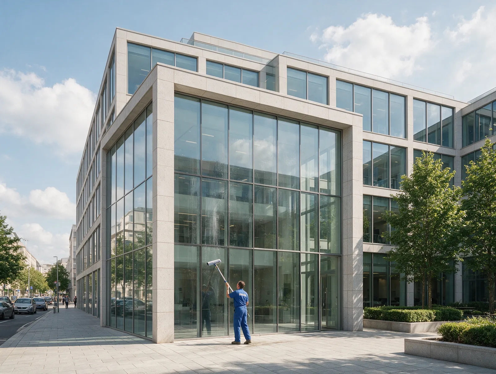 Glasreinigung an einer Bürofassade
